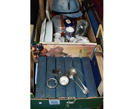 TWO BOXES AND LOOSE SILVER, MEDICAL JOURNALS, CERAMICS AND SUNDRY ITEMS, to include a hallmarked silver pocket watch, inside 