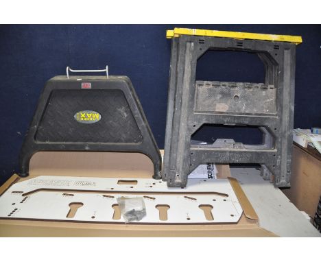 A SCREWFIX QUAD POINT WORKTOP JIG with six pegs and instructions, a pair of plastic Sawhorses and a Ladder Max accessory (4)