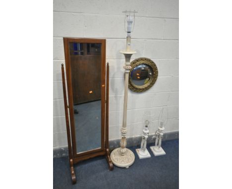 A MAHOGANY CHEVAL MIRROR, width 49cm x height 152cm, a cream French standard lamp, a near pair of table lamps, with shades, a
