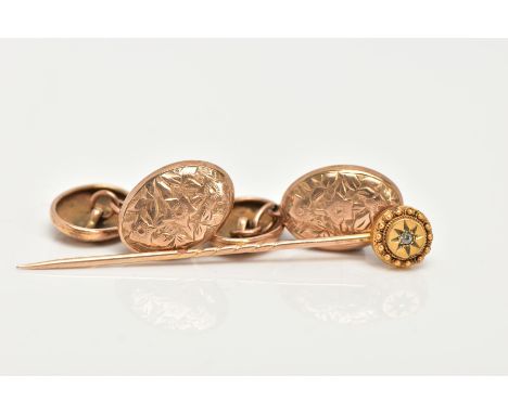 A PAIR OF 9CT GOLD CUFFLINKS AND A DIAMOND SET STICK PIN, each cufflink of an oval form decorated with a floral design, inter