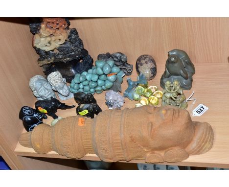 A GROUP OF HARDSTONE, SOAPSTONE, CERAMIC AND GLASS ORNAMENTS OF ANIMALS, BUSTS, GRAPES, ETC, including a hardstone carving of