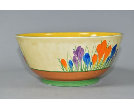 A CLARICE CLIFF WILKINSON LTD BIZARRE CROCUS PATTERN BOWL, yellow and green concentric bands to the interior, printed factory