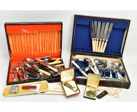 TWO CANTEENS AND OTHER ITEMS, to include a wooden canteen and a black canteen both filled with non-original mixed cutlery pie