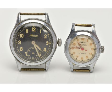 TWO GENTS WATCH HEADS, the first with a hand wound movement, round black dial signed 'Minerva', Arabic numerals, seconds subs