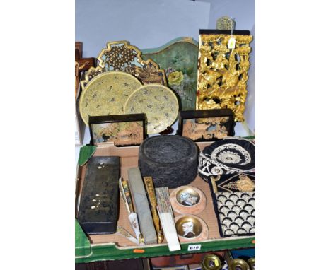 A COLLECTION OF ORIENTAL AND CONTINENTAL DECORATIVE ITEMS ETC, to include a Chinese Gilt wood wall carving, approximate heigh