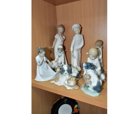 EIGHT NAO PORCELAIN FIGURES OF CHILDREN AND ANIMALS, including a girl in a nightdress covering a yawn, height 29cm, a girl in