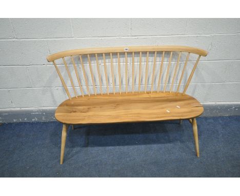 AN ERCOL WINDSOR ELM AND BEECH BOW TOP SOFA, length 112cm (condition:-stripped and refinished, old crack to left back of seat