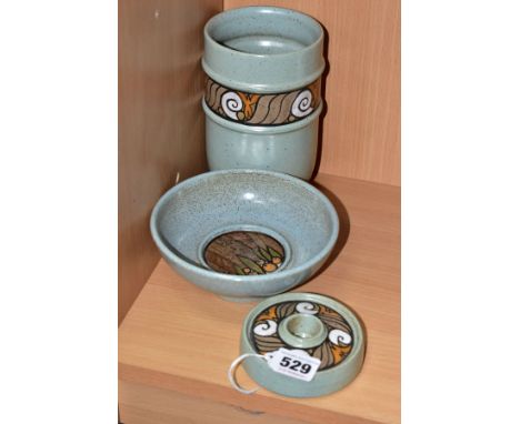THREE PIECES OF POOLE STONEWARE, all three pieces with a pale aqua glaze, comprising a footed bowl with leaf and berry panel 