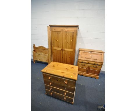 A SELECTION OF PINE FURNITURE, to include a two door wardrobe, with two drawers, width 94cm x depth 54cm x height 185cm, a ch