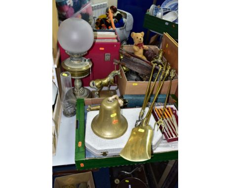 THREE BOXES AND LOOSE METALWARES, RECORDS, PICTURES AND SUNDRY ITEMS, to include a brass Palmer &amp; Co Duplex oil lamp with