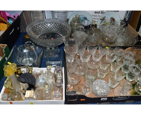 THREE BOXES AND LOOSE GLASSWARES, to include a crystal pedestal bowl with old repair, a Haig's Dimple Scotch whisky bottle wi