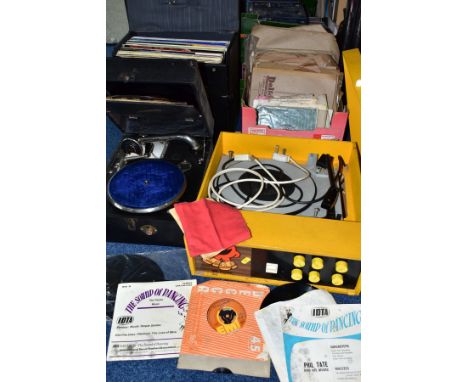 TWO BOXES AND LOOSE GRAMOPHONE, RECORD PLAYER AND RECORDS, to include a Decca Crescendo portable gramophone, a yellow cased r