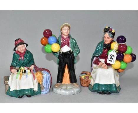 THREE ROYAL DOULTON FIGURES, comprising 'The Old Balloon Seller' HN1315, 'Silks and Ribbons' HN2017 and 'Balloon Boy' HN2934 