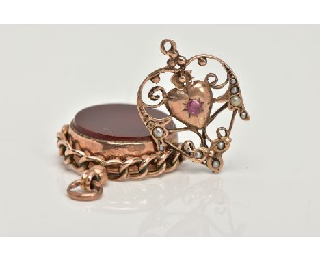 A SWIVEL FOB PENDANT AND A YELLOW METAL PENDANT, the circular swivel fob set with a carnelian panel to the one side in a rose