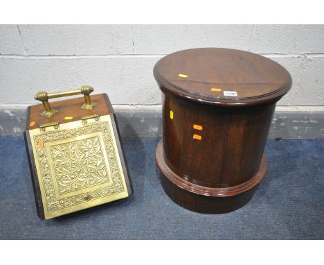 A VICTORIAN MAHOGANY CYLINDRICAL COMMODE, diameter 40cm x 45cm, and an oak and pressed brass purdonium (2)