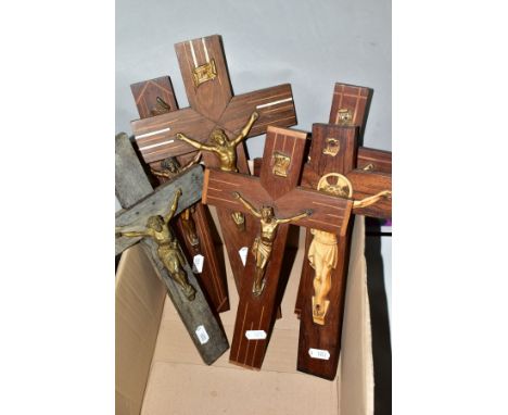 SIX WOODEN CRUCIFIXES WITH METAL AND RESIN CHRIST FIGURES, approximate height of tallest 35cm