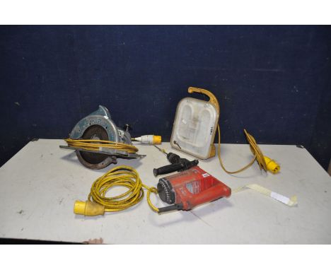 A COLLECTION OF 110V POWER TOOLS comprising of a Hilti TE22 SDS drill, a Black and Decker Circular Saw and Site light (all te