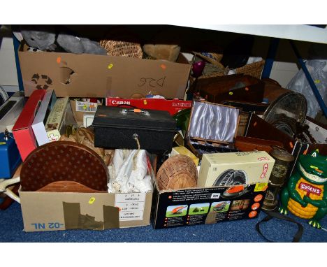 SEVEN BOXES AND LOOSE METALWARES AND SUNDRY HOUSEHOLD ITEMS, to include a Welsh miners lamp by E Thomas &amp; Williams Ltd, a