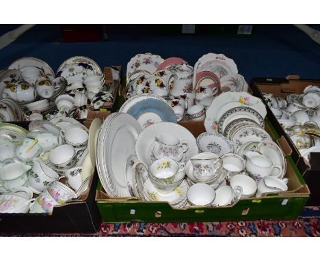 FIVE BOXES OF ASSORTED TEA AND DINNERWARES, mostly early to mid-20th century, including Windsor Bone China, Royal Grafton, Ri