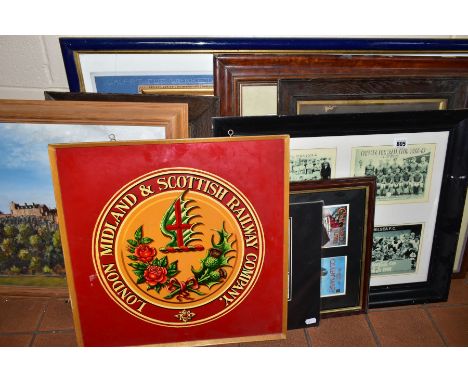 PAINTINGS AND PRINTS ETC, to include a screen printed and painted advertising panel for London Midland &amp; Scotland Railway