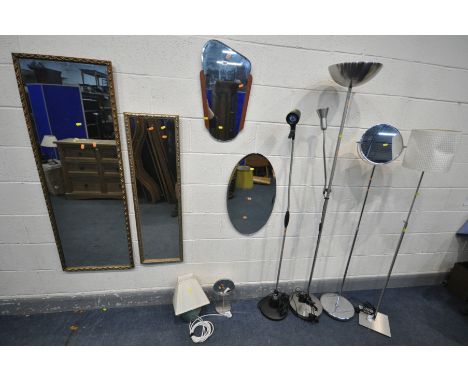 A QUANTITY OF MIRRORS AND LIGHTING, to include a vintage Clark Eaton teak framed mirror, a large gilt rectangular mirror, wid
