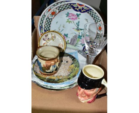 A BOX OF CERAMICS AND GLASSWARES, to include a Royal Worcester pin dish with painted and gilt flowers, gilt rim, purple backs