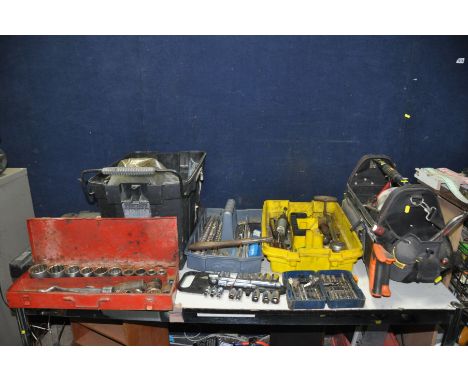 A STANLEY TOOLBOX AND A STANLEY TOOL CADDY containing various hand tools, SDS and High Speed drill bits, hammers, Mallets, sa