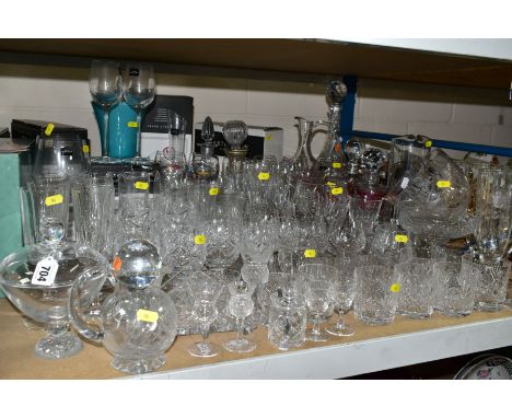 A QUANTITY OF CUT GLASS ETC, to include boxed Royal Worcester wine glasses and decanter, boxed Dartington wine glasses, Tutbu