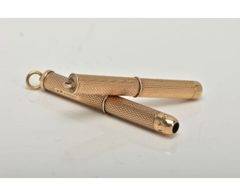 A 9CT GOLD TOOTHPICK AND CIGAR PIERCER, each with an engine turned design, both with full 9ct gold Birmingham hallmarks, the 