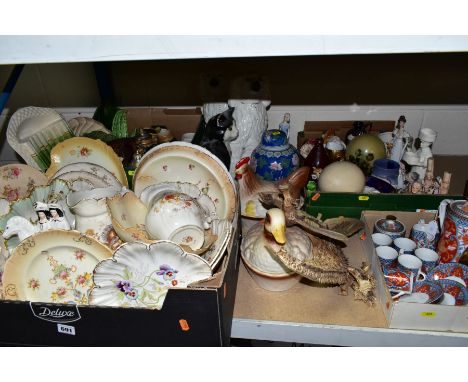 FOUR BOXES AND LOOSE CERAMICS, to include a fifteen piece modern Japanese tea set, a pottery dish moulded as a basket of aspa