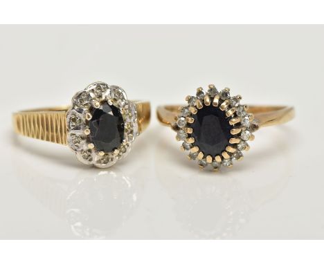 TWO 9CT GOLD CLUSTER RINGS, the first designed with a central claw set, oval cut deep blue sapphire within a surround of sing