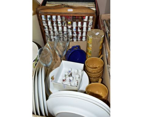 TWO BOXES AND LOOSE CERAMICS, RECORDS, THIMBLES AND SUNDRY ITEMS, to include sixteen pieces of Royal Worcester Evesham dinner