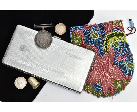 A MEDAL, CIGARETTE BOX, BEADED PURSE ETC, to include a WWI 1914-1918 medal assigned to '189031 GNR. H. HATCHINSON. R.A', one 