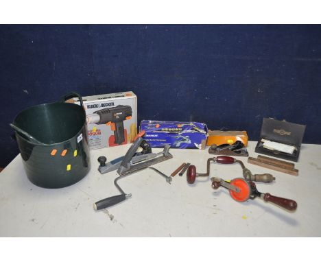 A COLLECTION OF TOOLS to include a bucket of hand tools, saws, hand drill, hand screwdrivers, two Hockley abbey spirit levels