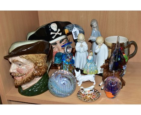 A GROUP OF CERAMICS AND GLASSWARES, to include large Royal Doulton Long John Silver D6335 and Robin Hood D6205 character jugs