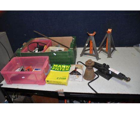 TWO TRAYS CONTAINING AUTOMOTIVE SPARES AND TOOLS including a pair of axle stands, indicator assembly, air filter, jubilee cli