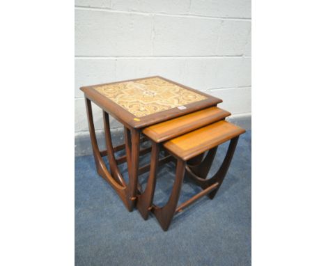 A G PLAN FRESCO TEAK NEST OF THREE TABLES, the largest table tile inserts, width 50cm squared x height 51cm