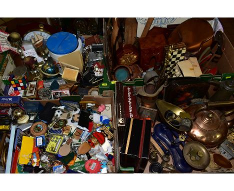FIVE BOXES OF METALWARES, COLLECTABLES, TREEN, PICTURES, ETC, including brass cribbage board, Daymaster barometer, a set of r