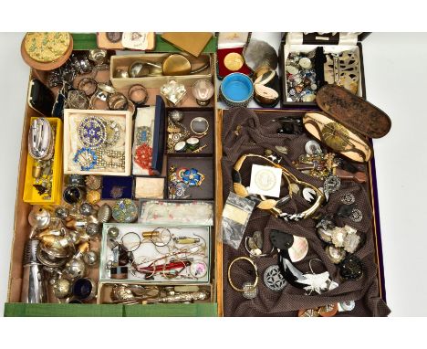 TWO BOXES OF COSTUME JEWELLERY AND OTHER ITEMS, to include various early to mid-20th century paste set belt buckles and brooc