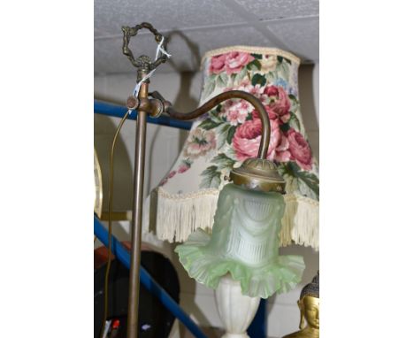 TWO TABLE LAMPS, comprising a French brass adjustable lamp, height 59cm, fitted with a pale green moulded glass shade, and an