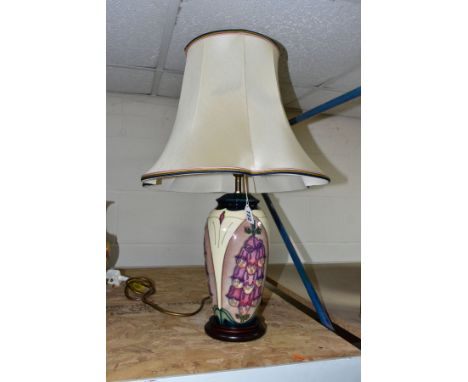 A MOORCROFT POTTERY FOXGLOVE PATTERN TABLE LAMP, designed by Rachel Bishop, with lampshade, approximate  height excluding sha