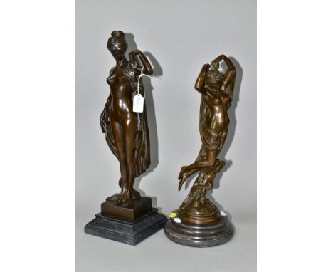 TWO BOXED REPRODUCTION BRONZES OF FEMALE NUDES, one with a cherub, on marble style plinths, tallest 43cm (Condition report: f