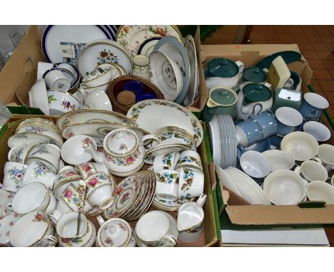 THREE BOXES OF TEA AND DINNER WARES, to include a twenty four piece Royal Grafton Malvern tea set, a twenty piece Denby Casti