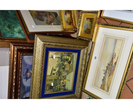 PAINTINGS AND PRINTS, to include a Herbert George watercolour of figures before a thatched cottage, approximate size 26cm x 1