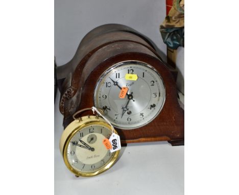 THREE VINTAGE WOOD CASED MANTLE CLOCKS, comprising an Anvil clock retailed by H. Samuel, a Smiths clock and a clock with a Ha