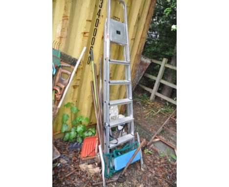 A PAIR OF ALUMINIUM STEP LADDERS height 200cm and a small quantity of garden tools