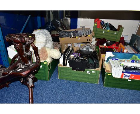 EIGHT BOXES AND LOOSE PICTURES, BOOKS, LADIES SHOES, CDS, SOFT TOYS, ETC, including general reference books, a stained hardwo