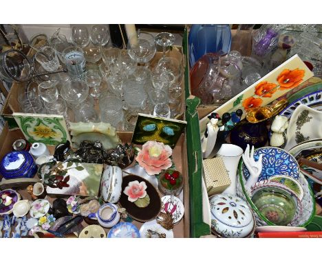 FOUR BOXES AND LOOSE CERAMICS AND GLASSWARES, to include a boxed set of four Next Platinum Drizzle wine glasses, a Johnson Br