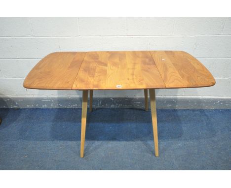 AN ERCOL WINDSOR ELM AND BEECH MODEL 383 DROP LEAF DINING TABLE, open length 138cm x closed length 66cm x depth 75cm x height