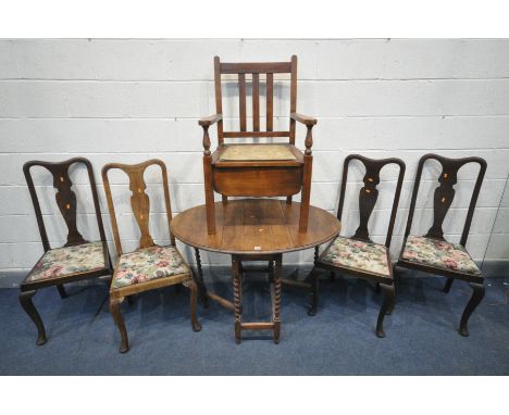 A SMALL OAK BARLEY TWIST GATE LEG TABLE, open length 105cm x closed length 42cm x depth 76cm x height 72cm, four splat back c